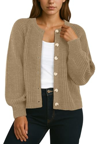 GRECERELLE Cardigan Femme Manches Longues Cardigans Épais Élégant Cardigan Casual Open Front Sweater Col Rond Pull Oversize Tricoté Pull Décontracté avec Boutons, Automne, Hiver