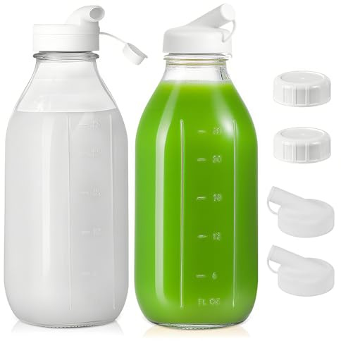 Bottiglie di vetro con coperchio, set da 2 bottiglie di vetro da 1 litro da riempire, bottiglie di latte con tappo a vite, bottiglie di succo, bicchieri riutilizzabili con coperchio, ideali per succhi