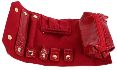 Hohopeti Bolsa Organizadora de Joyas Portátil Roja de Pu y Tela Suave, Compacta y Práctica para Viaje, Organizador Enrollable para Guardar Accesorios de Forma Segura