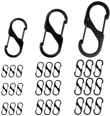 Set med 30 st karbinhakar, 3 cm, 4 cm, 5 cm, S i rostfritt stål, små karbinhakar, dubbla karbinhakar, svart, hållbar dubbel fjäder, S-spänne, för vandring, fiske, camping