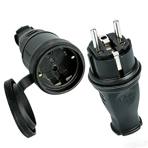 1 x enchufe Schuko de 250 V / 1x juego de conectores de goma con protección antitorsión, enchufe con toma de tierra, paquete de 2 unidades con protección antitorsión, apto para cables de 0,5-3 mm²