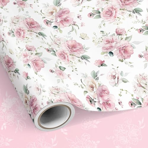 Neloheac Reversibelt Blommigt Akvarell Presentpapper Rosa, 43 cm x 10 m, perfekt för flickors och kvinnors födelsedagar, mors dag, alla hjärtans dag, möhippa, bröllop