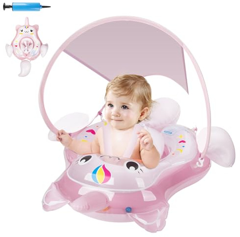 Bouée de Natation pour bébé avec auvent Solaire UPF50+, Flotteur pour bébé Parner, Aide à la Natation pour Enfants de 3 à 36 Mois, Rose (S)