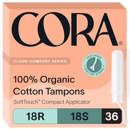 Cora Paquete múltiple de tampón aplicador orgánico, 18 regulares y 18 superabsorbencia, 100% algodón orgánico, sin perfume, aplicador compacto sin BPA, protección contra fugas, el embalaje puede