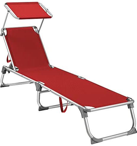 SONGMICS Sonnenliege, klappbarer Liegestuhl, 193 x 55 x 31 cm, max. Belastbarkeit 150 kg, mit Sonnenschutz, verstellbare Rückenlehne, für Terrasse Pool Garten, rot GCB19RD
