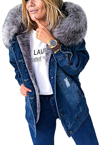 Minetom Chaqueta Vaquera para Mujer Invierno Cuello De Piel Abrigo Chaquetas De Mezclilla Tallas Grandes Suelto Casual Peludo Caliente Moda Outwear Capa Espesar Abrigo Azul Oscuro XS