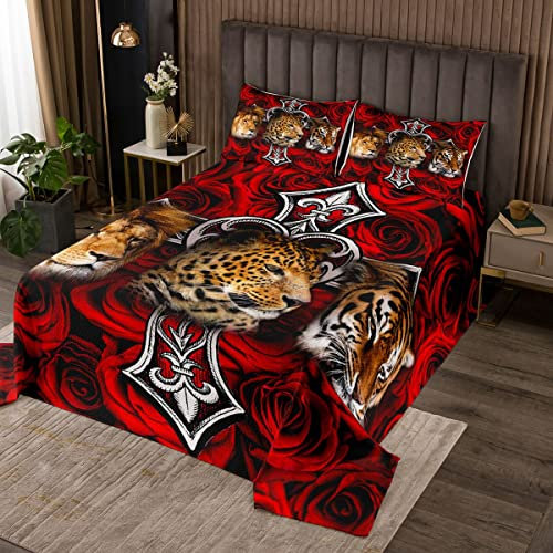 Löwe Leopard Tiger Tagesdecke Mädchen Teens,Afrikanisches Tropisches Wildtier Bettdecke Set 3-teilig mit 2 Kissenbezügen,Rote Rose Blumen Mikrofaser Bettwäsche gesteppt 220x240cm für Mädchen Teens