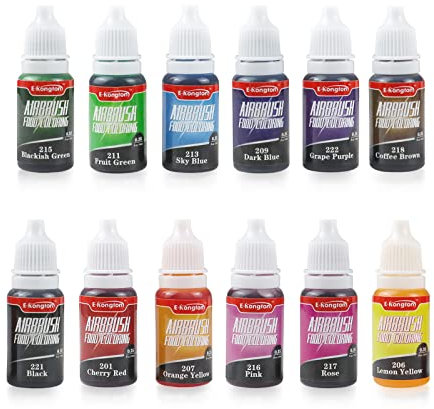 E-Kongton Airbrush Lebensmittelfarbe FlüSsig: 12 Lebendige Farben FlüSsig FüR Airbrush, Backen, Kuchen Dekorieren, GebäCk, Macarons, Geruchlos Lebendige Airbrush Lebensmittelfarbe - 0.35oz/Flasche