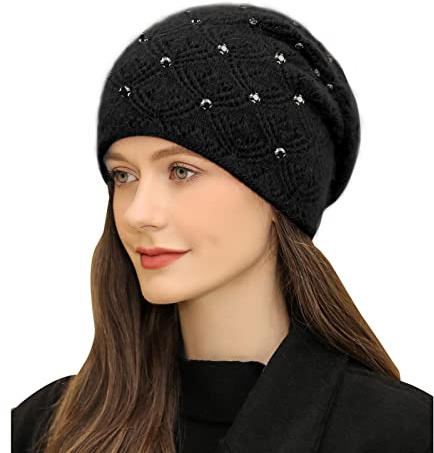 Adigaber Donne Slouchy Berretti Lungo Caldo Elegante Beanie Cappelli Invernali con Pregiata Decorazione di Strass Taglia Unica