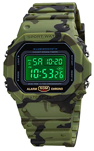 Nicoone Orologio digitale da uomo, con retroilluminazione, impermeabile, resistente agli urti, con allarme, cronometro, conto alla rovescia, Camouflage verde militare, Bracciale