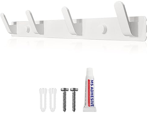 Sevenpers Appendiabiti da Parete Bianco, Attaccapanni da Muro Moderno Design con 4 ganci per ingresso cucina bagno due metodi di installazione