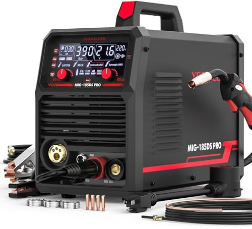 YESWELDER 185A MIG Welder, Flux Core MIG/Gas MIG/Spool Gun MIG/Lift TIG/Stick 5 in 1 Multi-Process Aluminum Welding Machine, LED Digital Display Synergic Control 110V/220V Dual Voltage MIG-185DS PRO