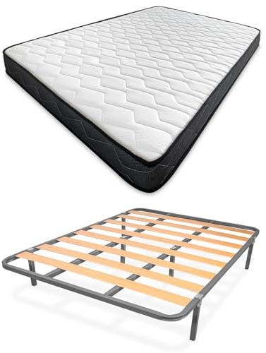 amuéblate Online - Cama Completa con Colchón Fit (Cara Invierno/Verano) + Somier Basic con 6 Patas Abrazadera, 135 x 190