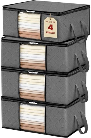 JUPPLIES Cajas Almacenaje Ropa 35L – 35,5x50x18,5cm – Bolsas Almacenaje de Ropa con Ventana Transparente, Cremallera Bidireccional Mejorada y Asas Reforzadas – Organizadores de Armario (Pack 4)