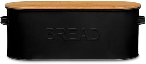 FAHAAM Modern Metal Bread Box with Airtight Bamboo Lid, Kitchen Bread Bin, Black Oval Stainless Steel Storage Box, Large Breadbin, Vintage Metal Bread Storage Container Bin, Kitchen Storage bin.