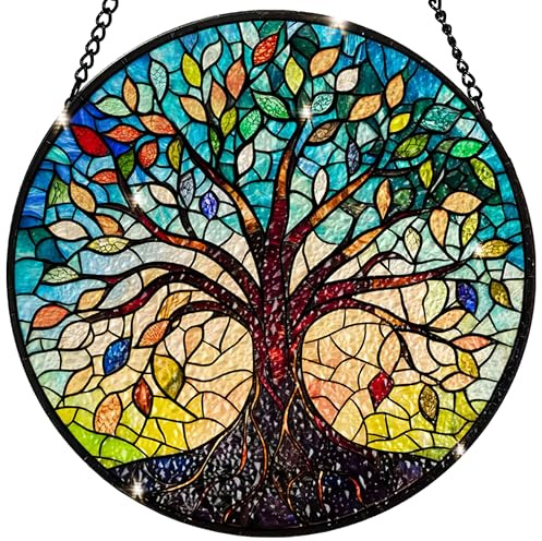 Tree of Life Stained Glass Sun Catcher - Handcrafted 7.87 Inch, Blue Sun Catcher Decoration, Stained Glass Window Hanging, Outdoor Garden Decor Gift, for Friends, Family, Coworkers, Classmates