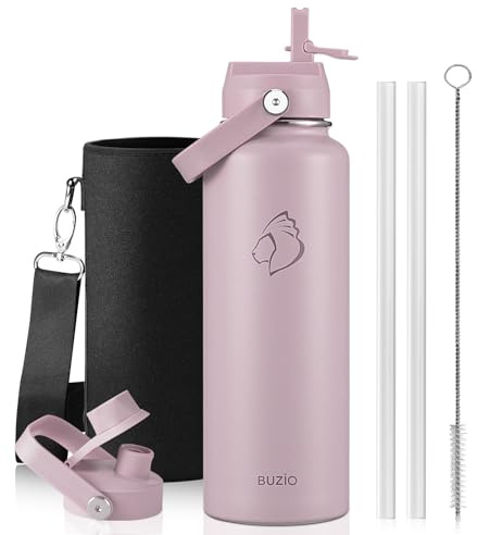BUZIO 40 oz Water Bottle Insulated, Triple Wall Vacuum Stainless Steel Flask (Cold for 48 Hrs), Leakproof BPA-Free Wide Mouth Metal Jug Hydro Canteen with 2 Lids, Purple