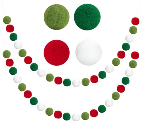 G2PLUS Ghirlande PomPom Natalizia: 2PCS Ghirlanda Natalizia Di Palline Di Feltro con 60 Palline di Feltro per Decorazioni Natalizie, fai da te, Festa Compleanno (Rosso,Verde e Bianco)