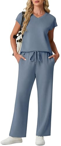 GRECERELLE Tracksuit Womens Full Set Summer Short Sleeve Lounge Wear Sets for Women Two Piece Outfits Casual V Neck Ladies Tops and Gym Activewear Bottoms with Pockets (Haze Blue, XL)