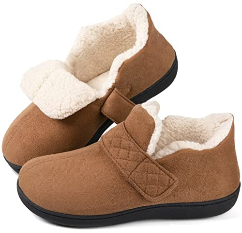 Zizor Pantofole da donna regolabili, con velcro per diabetici, memory foam, per interni ed esterni, pantuflas da donna con suola in gomma, regali caldi, Cammello, 43 EU