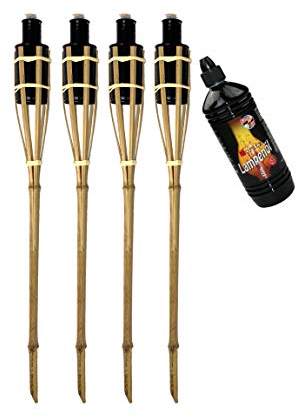 Moritz 4X Bambusfackeln Fackel 60 cm Standard Natur + 1x 1000ml Lampenöl Gartenfackel Ölfackeln Garten Deko Öllampe Wegleuchte