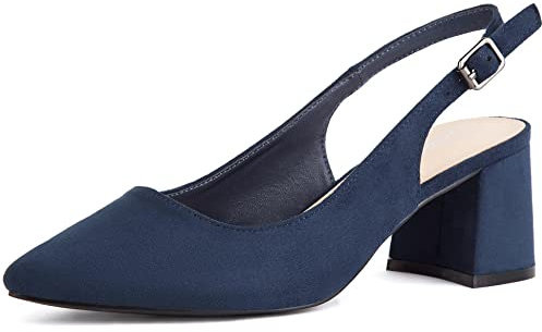 Greatonu Women's Pointed Toe Slingback Court Shoes Block Heel Ladies Pumps Ankle Strap Dress Shoes Navy Size 4