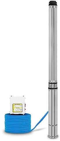 EBERTH 4 Tiefbrunnenpumpe Brunnenpumpe aus rostfreiem Edelstahl, Elektrisch 2200W, Durchmesser Pumpe 4 Zoll (10cm), Anschlussgewinde 1 1/2 Zoll, Stromkabel 20m, Förderhöhe max. 112m, mit Schmutzsieb