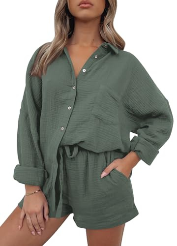 AUTOMET Women's 2 Piece Lounge Sets Casual Comfy Outfits Long Sleeve Button Down Oversized Shirts And Shorts Fall Tracksuit, Armygreen, Large