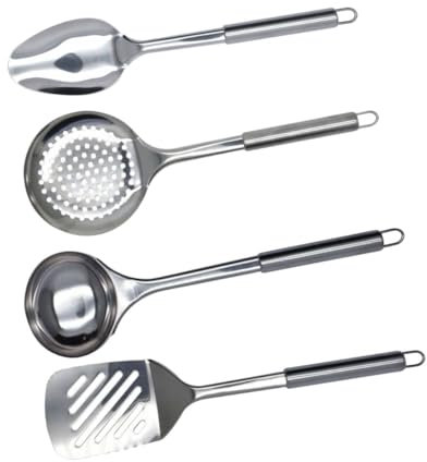Fackelmann 9908150 Lot de 4 ustensiles de Cuisine en INOX, louche de Cuisine, écumoire, spatule de Cuisine, cuillère de Cuisine, Acier Inoxydable, 33,5 x 8 cm