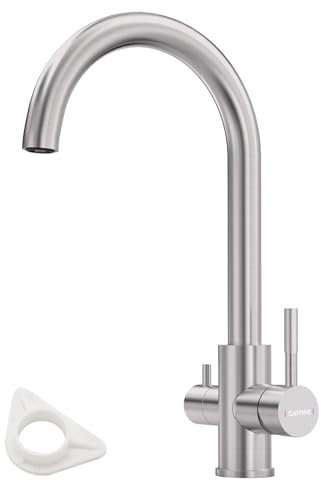 DAYONE 3 Wege Wasserhahn Küche, Trinkwasserhahn mit 2 Hebel, 360° Drehbar Wasserhahn Küche Edelstahl, 3-in-1 Mischbatterie für Wasserfilter Küchearmatur, Gebürstet