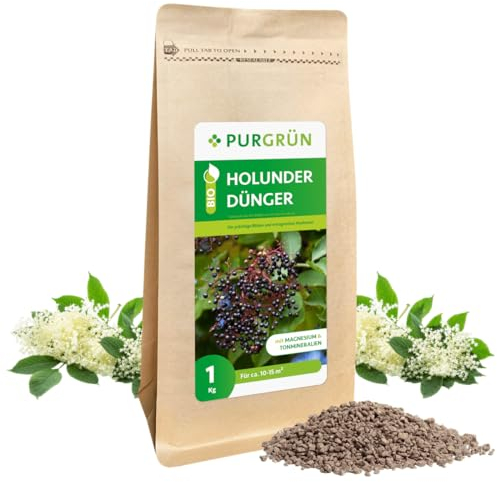 Purgrün® Bio-Holunder-Dünger 1 kg – Organisch-mineralische Rezeptur – Feinkörniges Krümelgranulat – NPK 6+3+8 – Mit Magnesium für prächtige Blüten & reiche Ernte – Verbessert die Bodenqualität