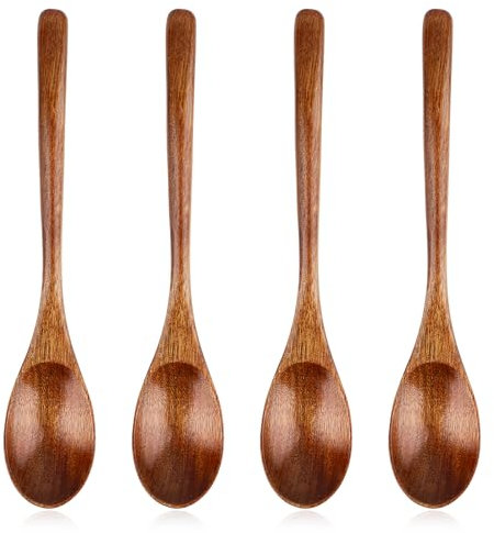 4 Stück Holzlöffel Groß Holz Teelöffel 22,5 cm Suppenlöffel Set mit langem Griff japanischen Stil Küchengerät Mischen Rühren Kochen Kaffee Tee Marmelade Badesalz