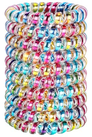 JessLab Spiral Hair Ties, 10 Pcs No-Damage Elastic Bands, Bobbles for Women | Foil Confetti, Small Clear Coils for Thick or Fine Ponytails, Kids and Girls, Water-Resistant for Swimming, Gym, School