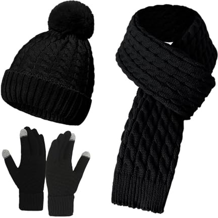 Generic Unisex Teen Girls Women&Men Winter Accessories Set - Black Acrylic Wool Hat Scarf Gloves Three Pieces - One Size - Casual/Classic - Adult