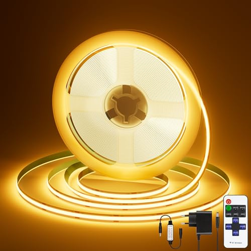LED Strip COB Streifen 5m - Band 2700K Warmweiss Dimmbar mit Fernbedienung, Lichtleiste Selbstklebend 24V,36W für Fernseher Beleuchtung Sehr Hell, Küche, Wohnzimmer, Treppe, Schlafzimmer