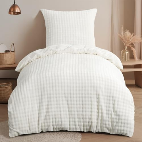 RUIKASI Biancheria da letto invernale in peluche, colore bianco, 155 x 220 cm, calda e morbida, di lusso, con chiusura lampo e 1 federa da 80 x 80 cm