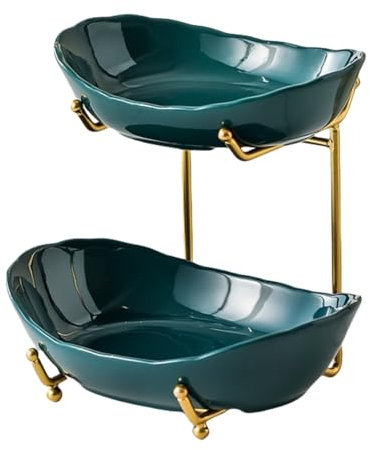 MEESOGA Présentoir à fruits en céramique avec 2 étages - Assiette à fruits en porcelaine à 2 niveaux - Corbeille à fruits avec support en métal pour cuisine, fruits, légumes, collations, bonbons