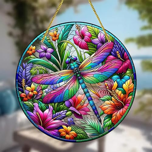Trollslända blommig blomma blad målade fönster hängande solfångare, blomma målat glas solfångare fönsterprydnad målat glas panel solfångare vägg hängande dekor födelsedagspresenter