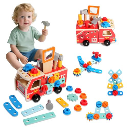 MonteSpi Holz werkzeugkoffer Kinder Autostil 32 Stück,Montessori Spielzeug ab 2 3 4 5 Jahre,Hochwertige Materialien,zur Förderung von Feinmotorik,Kreativität,Geburtstagsgeschenk für Kinder