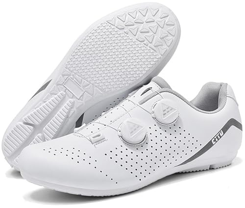 PENXZT Scarpe da Ciclismo Uomo Donna Traspiranti Flat, Antiscivolo con Suola in Gomma Scarpe da Bicicletta Nessuna Serratura,Bianca,41 EU