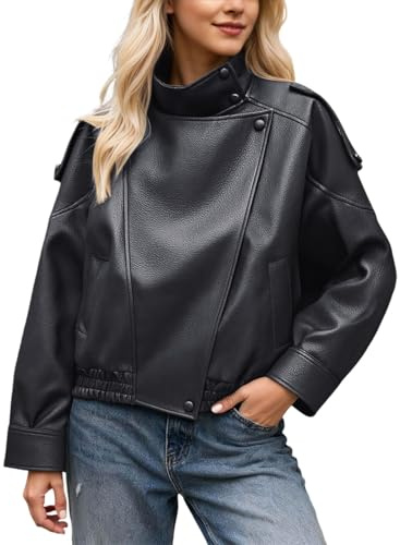 Zanisouta Chaqueta de piel para mujer, chaqueta de entretiempo ligera, retro, chaqueta bomber, cuello alto, abrigo corto, chaqueta de piel sintética, chaqueta motero, para otoño e invierno, manga