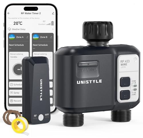 WiFi Water Timer 2 Zones, Unistyle Smart Hose Timer for Sprinkler Irrigation, Automatic Watering System Controller with 2 Modes, Compatible with Alexa and Google Home, Water Tap Valve for Garden Lawn