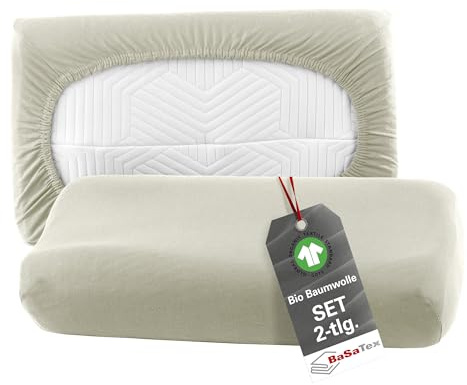 BaSaTex Juego de 2 fundas de almohada orgánicas para cojín cervical y de salud, 97 % algodón certificado GOTS + 3% elastano, 30 x 50 cm, color: natural