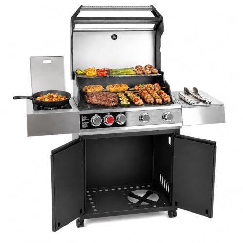 Amig - Barbacoa de Gas XXL Fireplus GRILL-2 5F - 139 x 55 x 115 cm - Superficie de Cocción 70x41,5 cm - Con Termómetro, Estante Lateral, Armario y Ruedas con Freno - Parrilla de Hierro Fundido - Negro