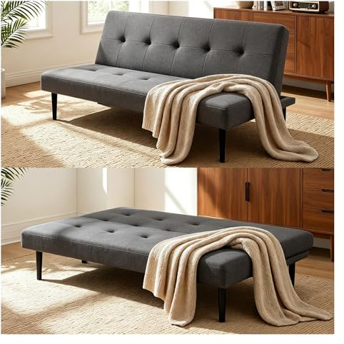 INMOZATA Click Clack Sofa Bed 165cm Linen 2 Seater Settee with 3 Adjustable Angles & Solid Wood Frame,Tufted Convertible Bed Settee for Living Room, Guest Room, Small Space (Tufted back,Grey)