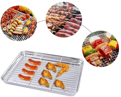 HEALSOPTHY Set 2 Pezzi Teglie da Forno e Griglia Raffreddamento in Acciaio Inossidabile Argento, Resistente, Previene Deformazioni, per Torte e Dolci Fatti in Casa