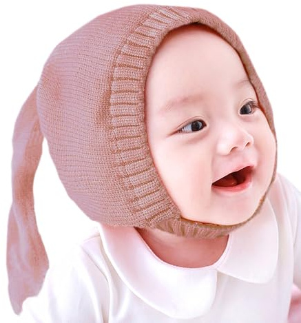 Crochet Earflap Pilot Hats Rabbit Ears Beanie Cap Winter Warm Knit Caps for Toddlers Baby Girls and Boys (Light Pink)
