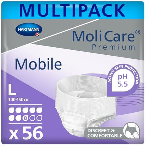 MoliCare Premium Mobile Einweghose: Diskrete Anwendung bei Inkontinenz für Frauen und Männer; 8 Tropfen, Gr. L (100-150 cm Hüftumfang), 4x14 Stück