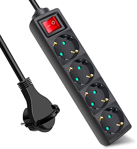 EXTRASTAR Steckdosenleiste 4-Fach, Flachstecker Mehrfachsteckdose mit Save Energy-Schalter, Mehrfachsteckdose Flacher Stecker mit 1.5m Kabel, IP20, 16A, 3680W, Flachstecker, Schwarz