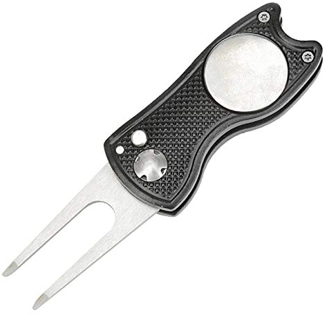 SHESSTILL Klappbare Golf Divot Reparaturgabel aus Edelstahl mit Magnetknopf Pitch Groove Remover Cleaner Pitchfork Switchblade Toolb